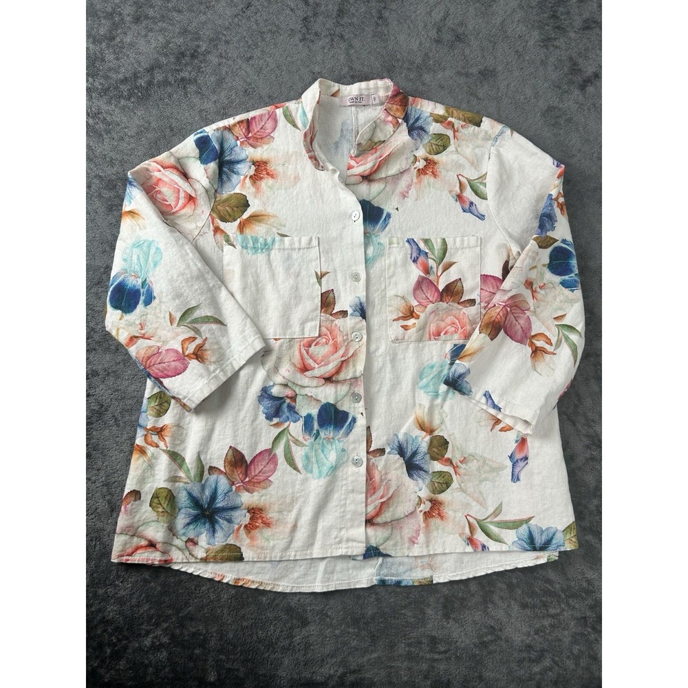 Own It Italy Linen Shirt Womens M Floral Watercolor Button Front 3/4 Sleeve